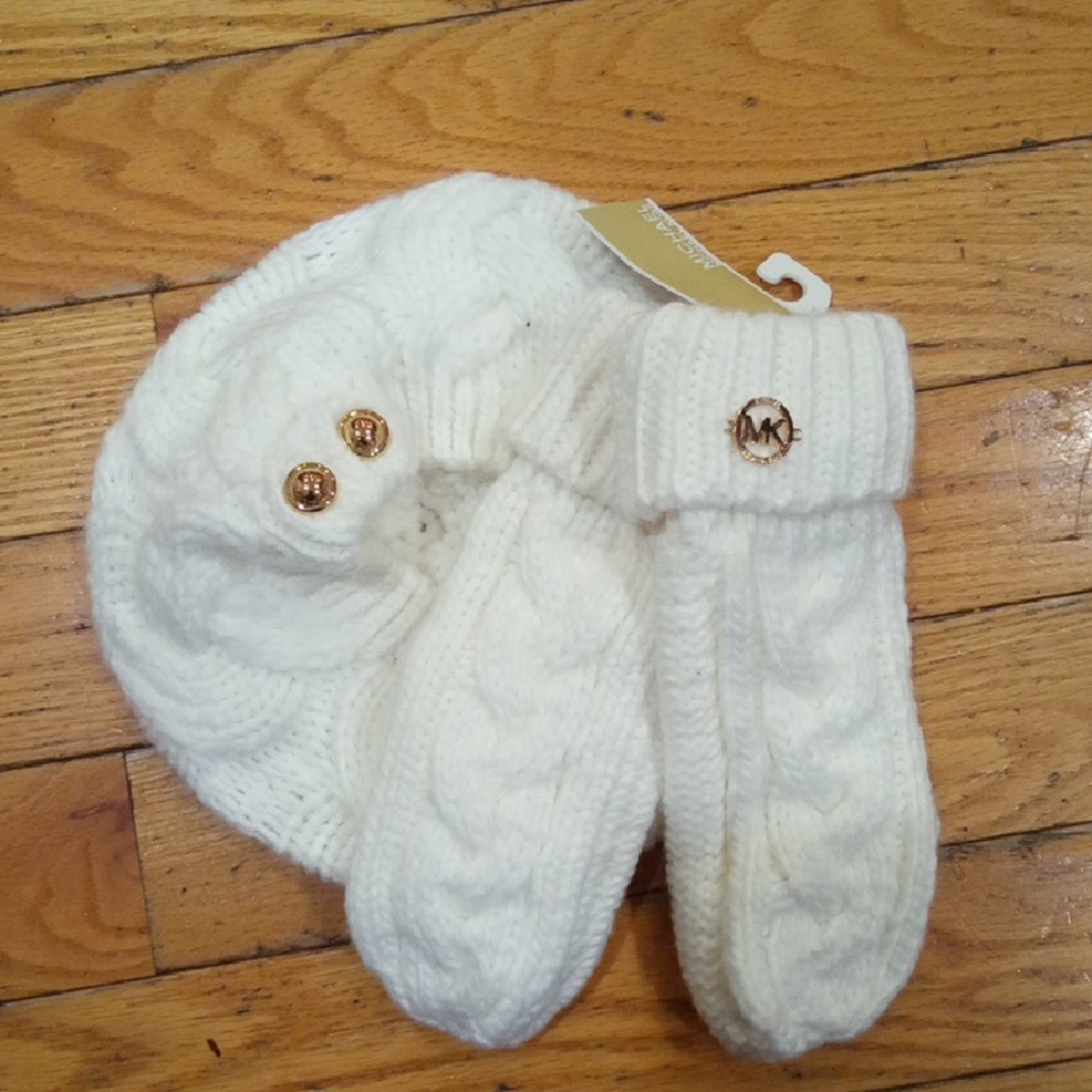 Michael Kors White Knit Hat and Mittens Set